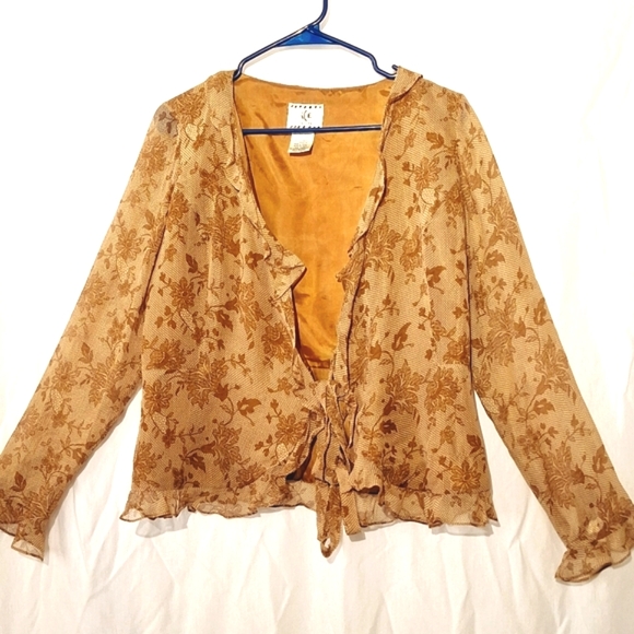 3/$20-Silk Boho Floral Blouse, Gold, Ruffles, Long Sleeves, ICE brand - Picture 7 of 13